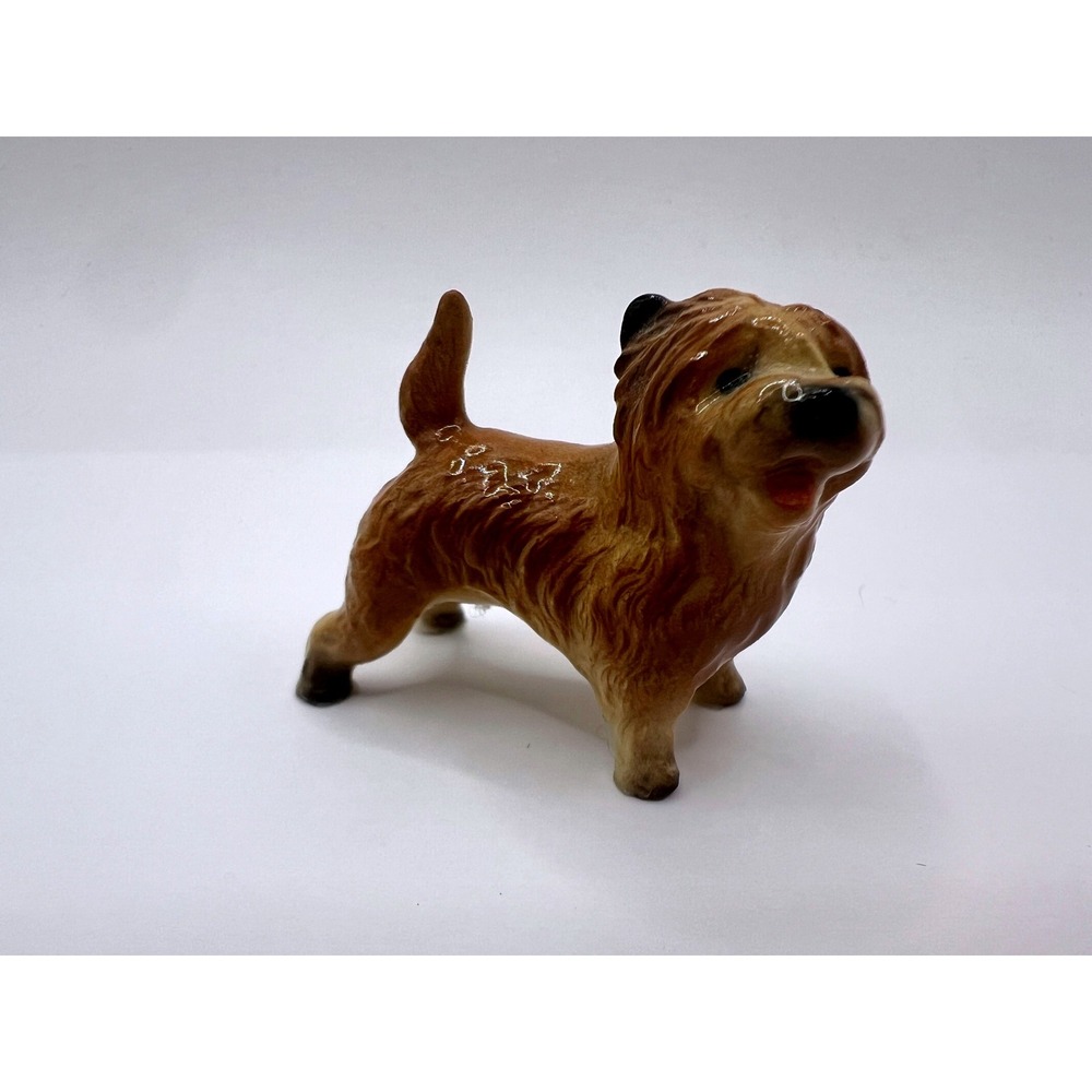 Vintage Terrier Dog Figurine Mini Brown‎ Ceramic 2" Norwich Cairn Shaggy 40s-60s